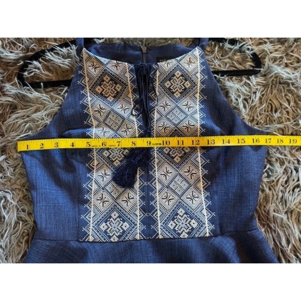 White House Black Market Blue Halter Embroidered Dress 4 Petite 4P Fit and Flare - Picture 8 of 13